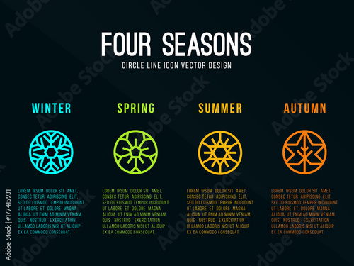 4 seasons icon sign in circle border line with Snow Winter , Flower Spring , Sun Summer and maple leaf  Autumn vector design