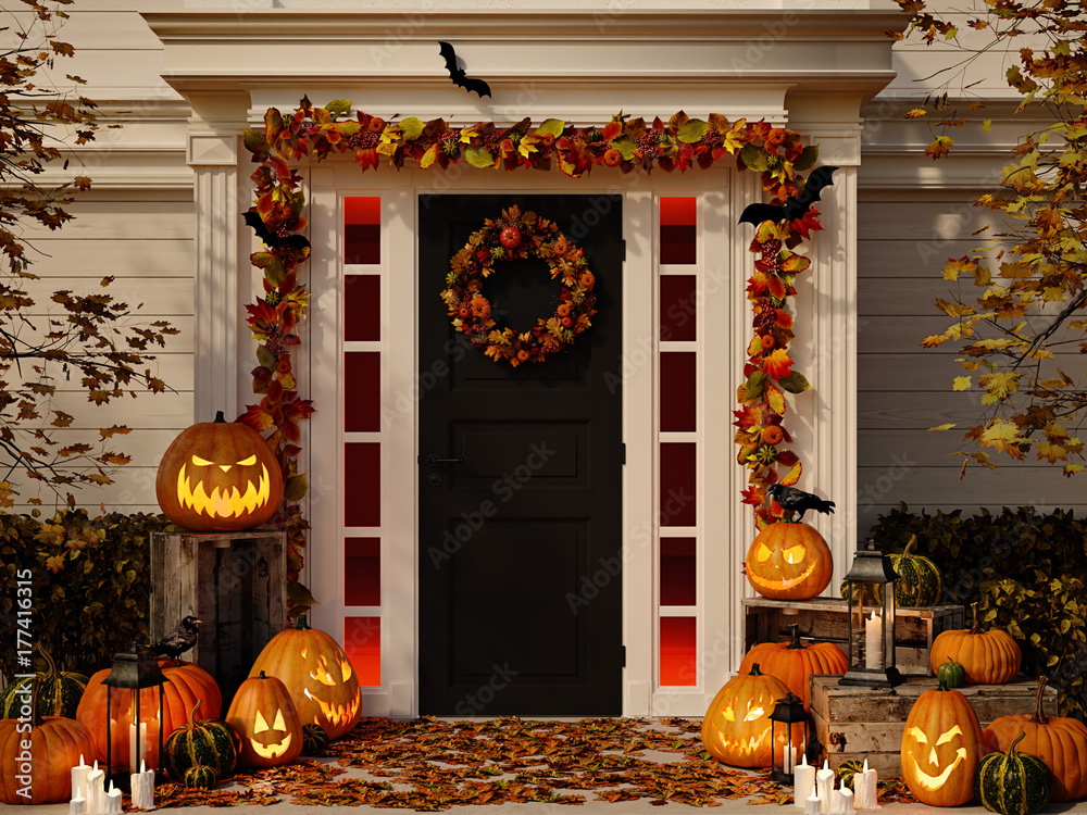 Fototapeta premium halloween decorated house with pumpkins. 3d rendering