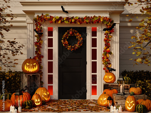 halloween decorated house with pumpkins. 3d rendering