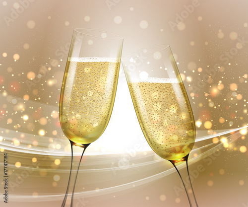 Glasses of champagne on bright background with bokeh effect. Vector illustration