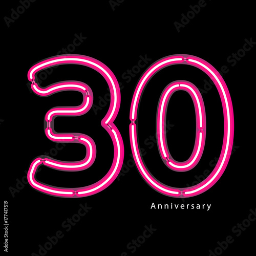 Neon light effect celebrating, anniversary of number 30th year anniversary, neon pink for invitation card, backdrop, label or stationary