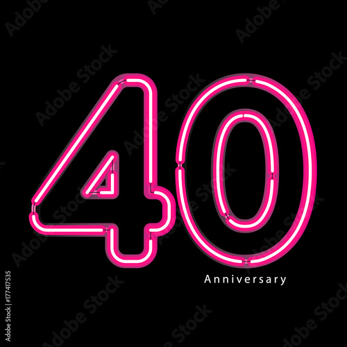 Neon light effect celebrating, anniversary of number 40th year anniversary, neon pink for invitation card, backdrop, label or stationary