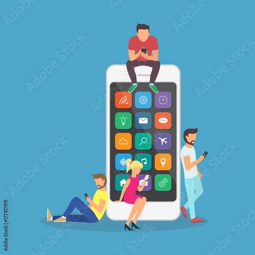 Young children are near a large smartphone and using phones to read news and communicate.