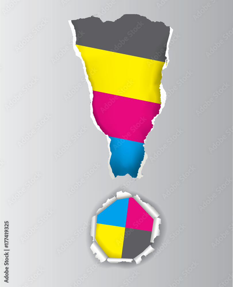 Obraz premium Exclamation mark with print colors. Exclamation mark with ripped paper and print colors. Concept for presenting of color printing. Vector available.