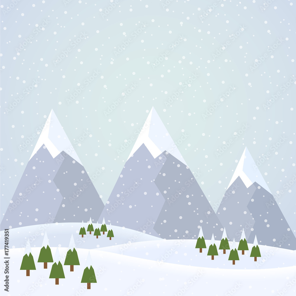 Vector flat design illustration of a snowy winter mountain landscape with hills, coniferous trees and snowflakes on a winter day - suitable for Christmas greeting