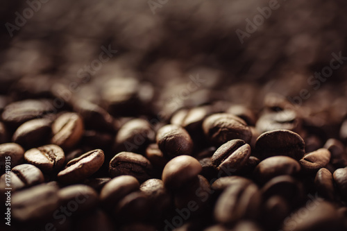 Closeup shot of coffee beans with select focus and blur background