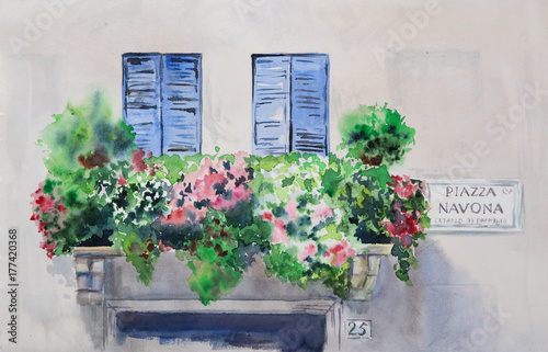 Fototapeta Naklejka Na Ścianę i Meble -  Italian window and balcony facade with flowers front view watercolor painting