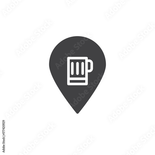 Pub location and beer mug sign icon vector, filled flat sign, solid pictogram isolated on white. Symbol, logo illustration.