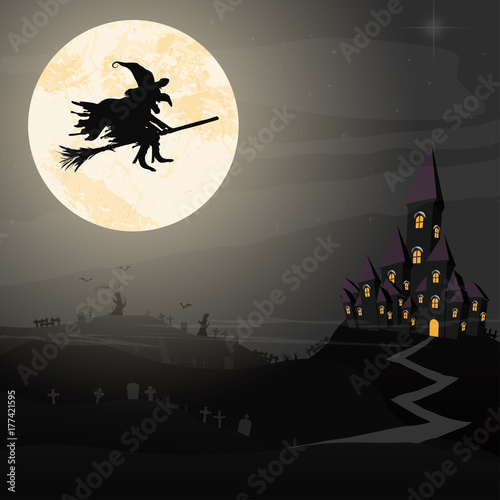 Halloween witch in front of full moon