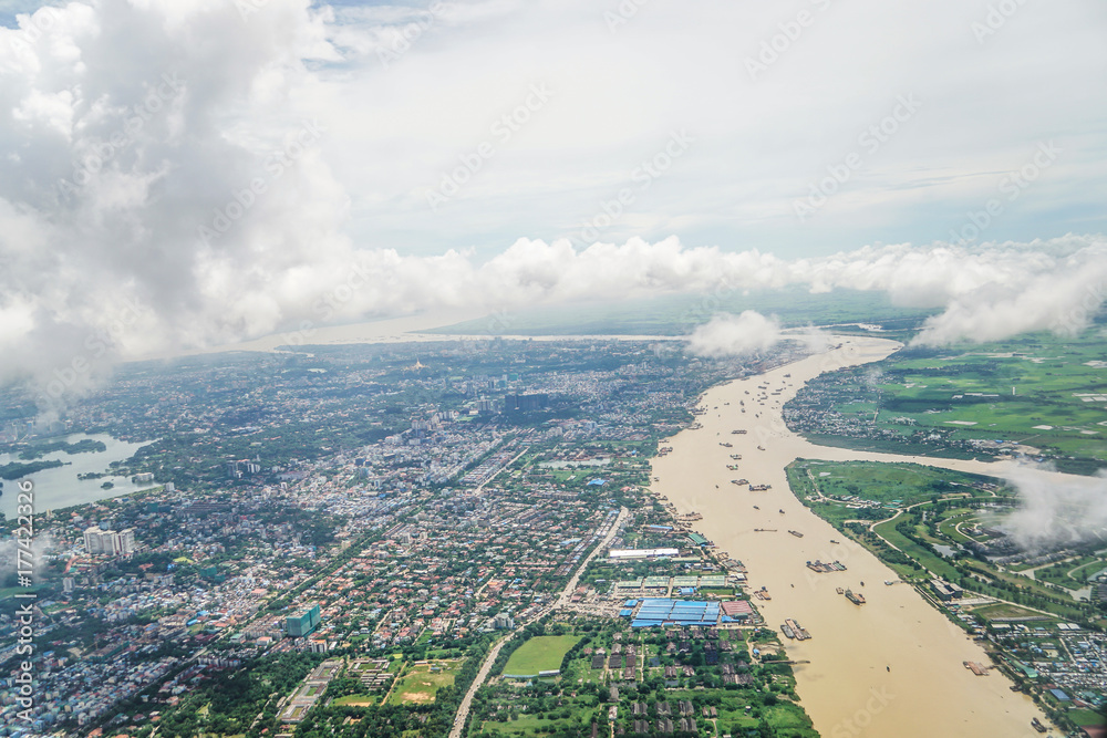 aerial view Myanmar landscape from the airplane, cloud, land, river, architecture