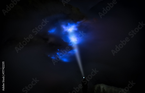 Abstract Blurry by Smoke at Blue Sulfur Flames Kawah Ijen Volcano the Amazing Place in Indonesia photo