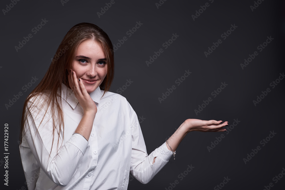 Cute girl points to something background isolated Cute girl points to something background isolated