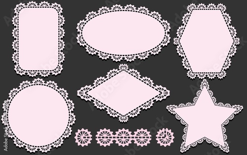 Pattern brush and set of napkins in different forms. Pink doilies elements isolated on gray background