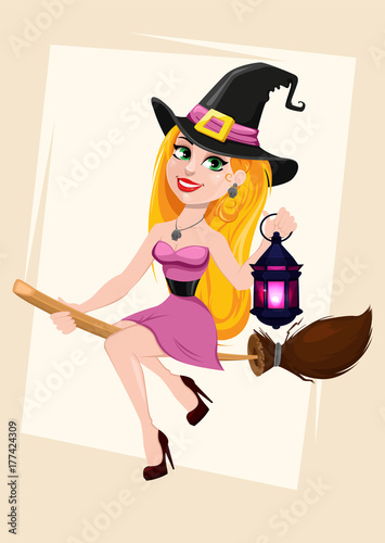 Halloween greeting card. Beautiful lady witch flying on broom and holding lamp.