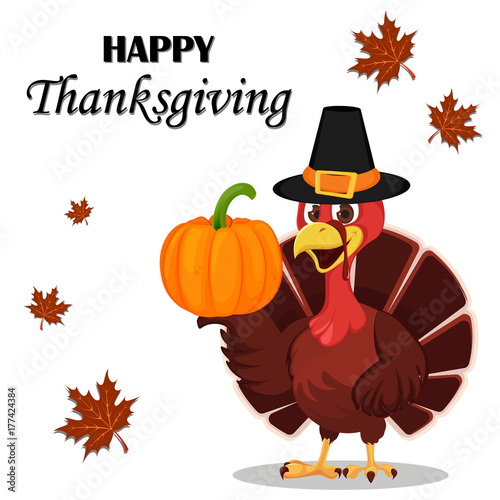 Thanksgiving greeting card with a turkey bird wearing a Pilgrim hat and holding pumpkin.