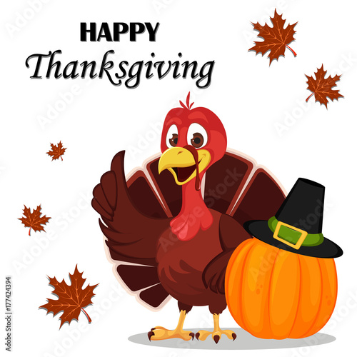 Thanksgiving greeting card with a turkey bird standing near pumpkin in a Pilgrim hat