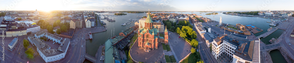 HELSINKI - JULY 2017: Panoramic aerial city view at dusk. Helsinki attracts 3 million people annually