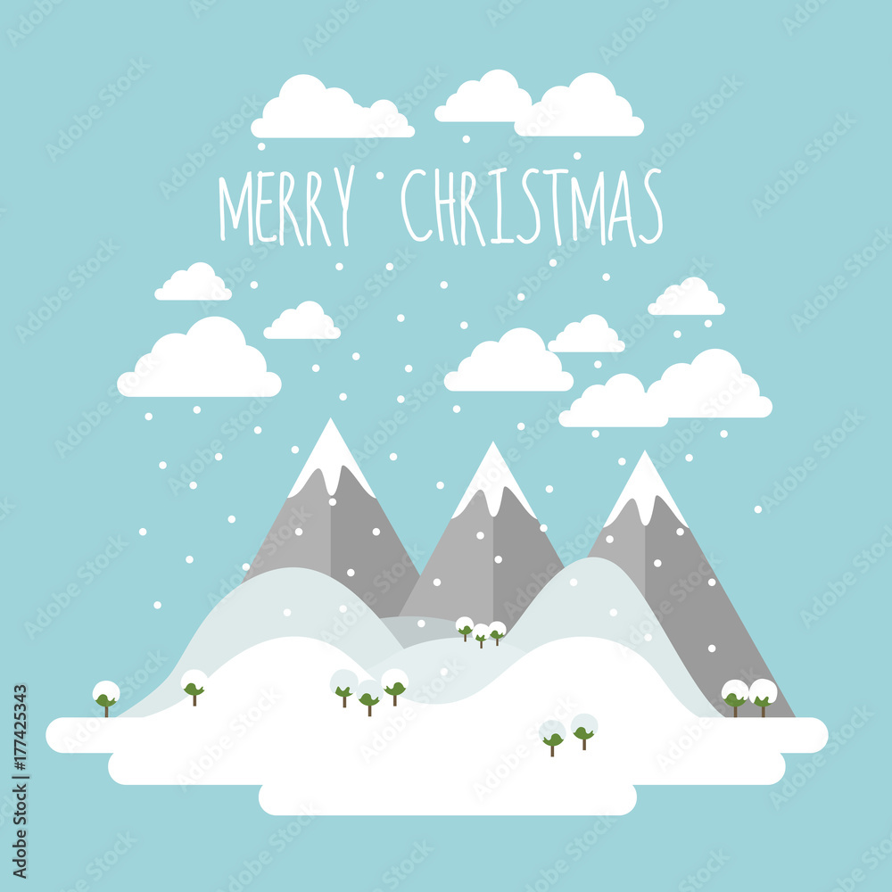 Fototapeta premium Flat simple vector christmas card with snowy winter landscape