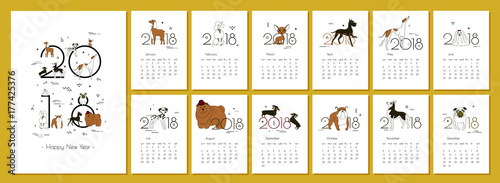 Monthly creative calendar 2018 with dog breeds. Concept, vector vertical editable template. Symbol of the year in the Chinese calendar. Minimalism. Isolated. Memphis. Vector illustration