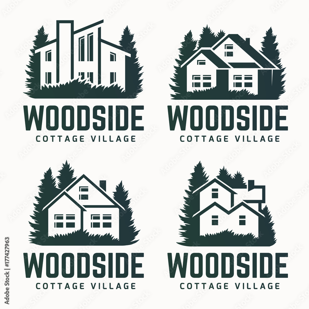 Vector logo design of a trees silhouette and house. Logo for house repair and building.