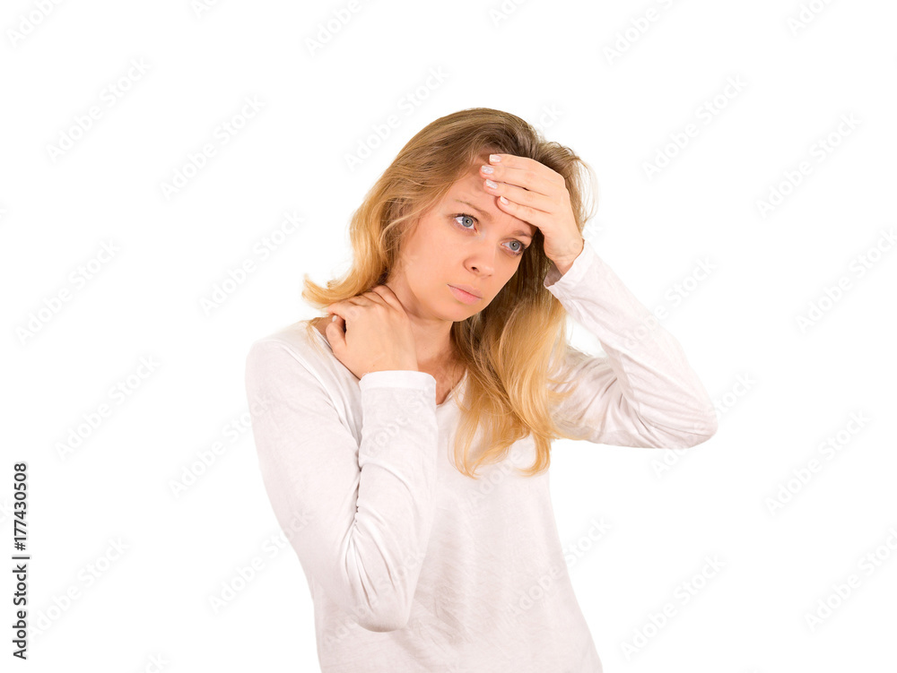 Girl blonde a headache. Isolated on a white background. Mockup Girl blonde a headache. Isolated on a white background. Mockup