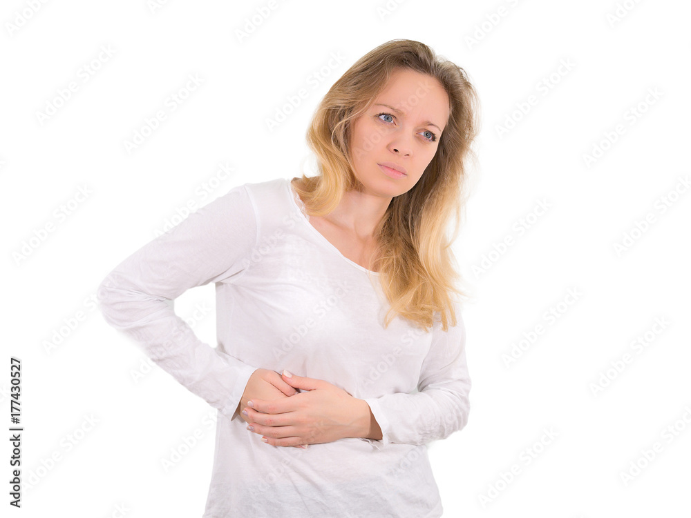 Girl blonde liver hurts. Isolated on a white background. Mockup Girl blonde liver hurts. Isolated on a white background. Mockup