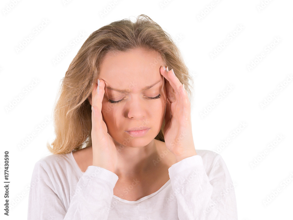 Girl blonde a headache. Isolated on a white background. Mockup Girl blonde a headache. Isolated on a white background. Mockup