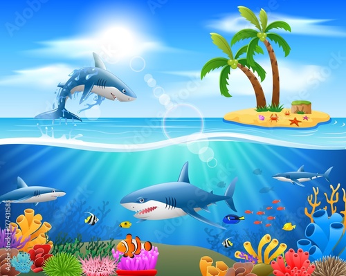 Cartoon shark jumping in blue ocean background. vector illustration