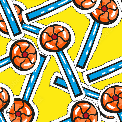 Vector seamless pattern orange lolipop isoleted on white background. Candy in pop art style.