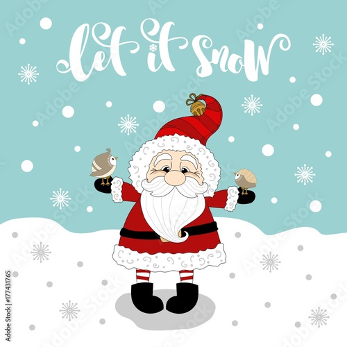 Christmas Greeting card with funny Santa Claus and lettering 