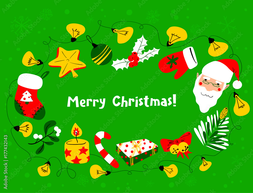 Naklejka premium Christmas wreath. Winter seasonal greeting frame with Santa Claus. Merry Christmas lettering.