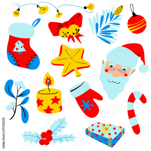 Christmas set with decoration objects. Isolated design elements for winter holidays theme.