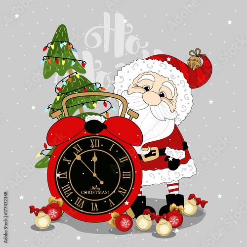 Christmas Greeting card with funny Santa Claus and lettering