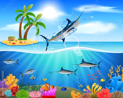 Cartoon blue marlin jumping in blue ocean background. vector illustration