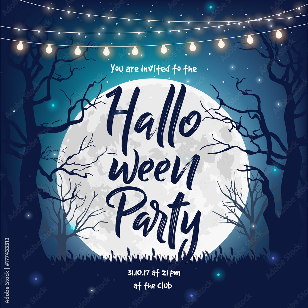 Halloween party invitation - vector illustration with a full moon ...