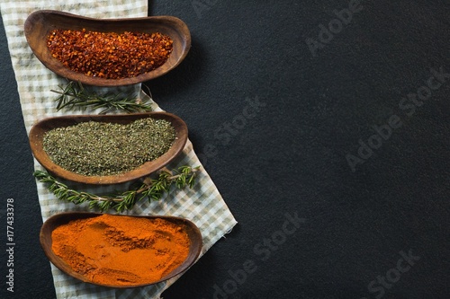 Various spices with herbs in a tray