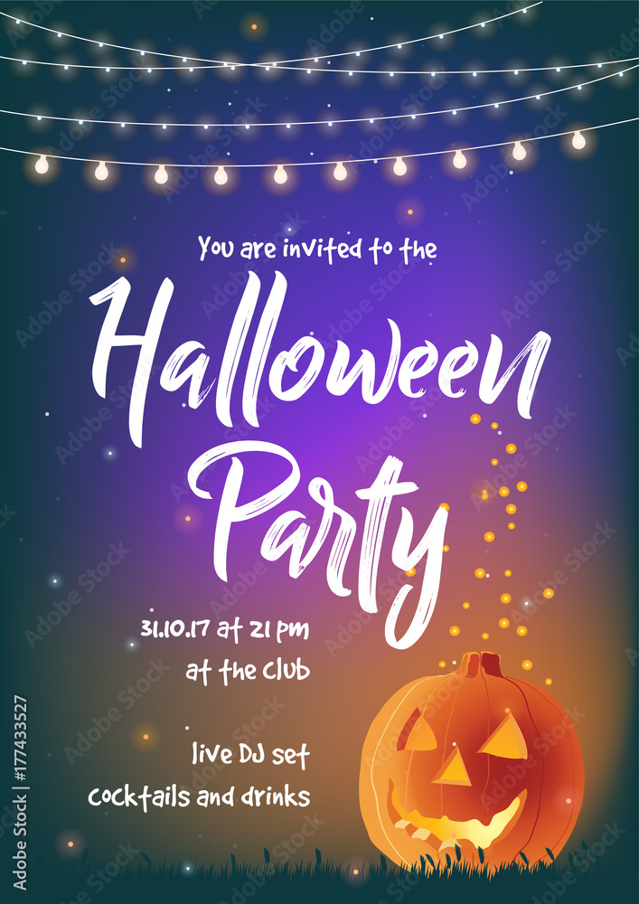 Naklejka premium Halloween party invitation - vector illustration with a pumpkin and hanging party lights