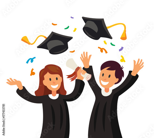 Happy girl and boy throwing their graduation hats in the air.