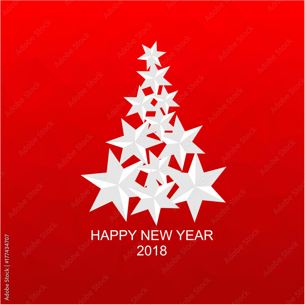 Happy New Years. Red Polygon background with Christmas Tree made of stars. Happy New Years. Red Polygon background with Christmas Tree made of stars.