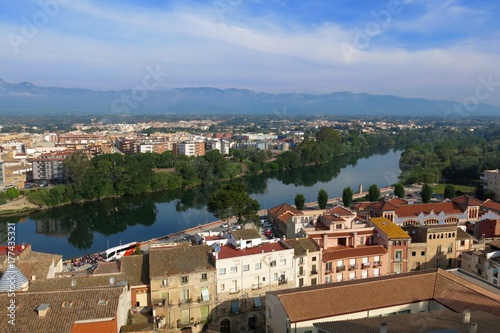 Tortosa, Catalonia, Spain skyline view over River Ebro with distant mountains