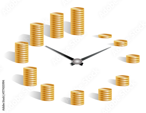Concept time is money, dial, clock hands, around the pile of gold coins from one to twelve