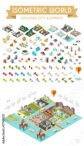 Set of Isometric High Quality City Element on White Background . City