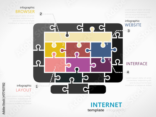 Internet infographic template with computer monitor symbol made out of jigsaw pieces