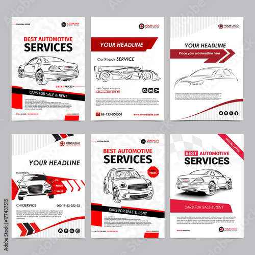Auto repair Services business layout templates set, automobile magazine cover, auto repair shop brochure, mockup flyer. Vector illustration.