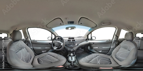 Full 360 by 180 degree seamless equirectangular equidistant spherical panorama in interior of prestige modern car Ravon white background. Skybox for vr ar content