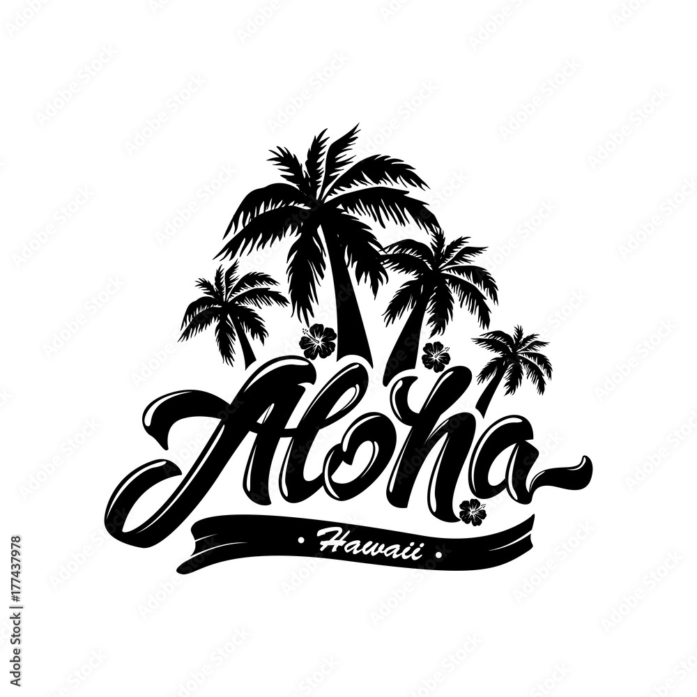 Aloha typography with Palm tree and hibiscus. Vector illustration for t-shirt print .Hawaii. Black and white - obrazy, fototapety, plakaty 