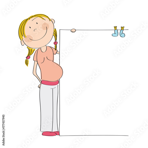 Happy young pregnant woman standing behind blank banner / board with blue baby booties pinned on it - space for your text on white background - it's a boy - original hand drawn illustration.