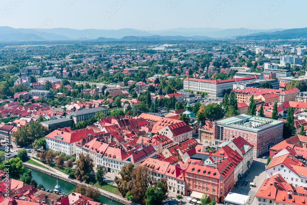 Slovenia, Ljubljana - panoramic view from the top of The Ljubljana Castle. Summer noon sun photo