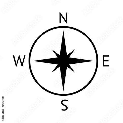 Flat simple compass isolated on white background. Black color outline navigator icon in the cartoon style. Vector compass illustration. Symbol of navigation in space and around the world.