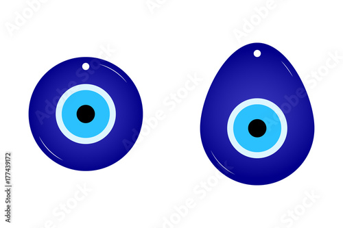 Flat simple amulet isolated on white background. Blue color icon of cute talismans in the cartoon style. Vector illustration. Image of Fatima's Eye. Amulet from evil eye. Nazar. Magic Item, Attribute.